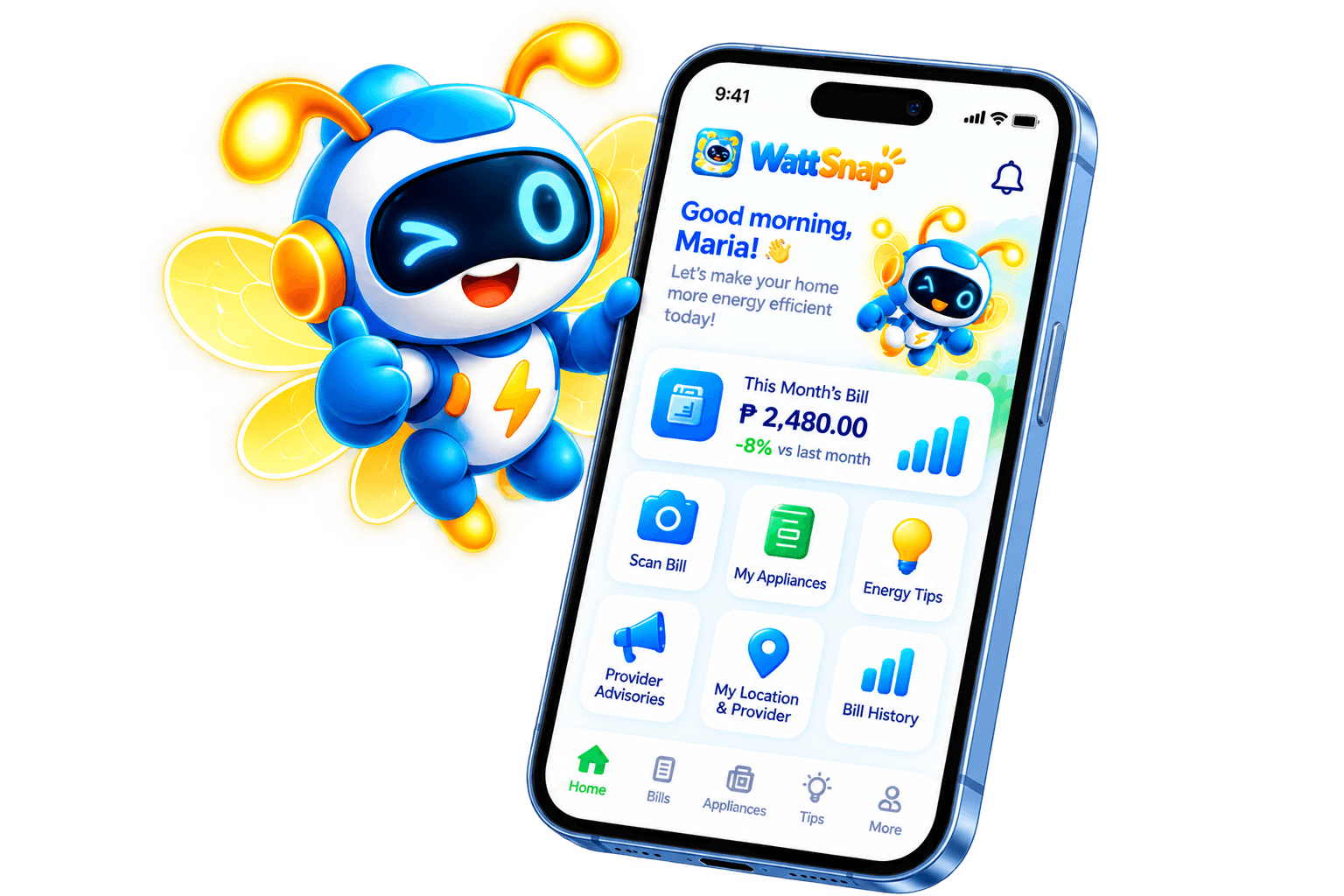 The friendly WattSnap robot beside a preview of the electricity assistant app