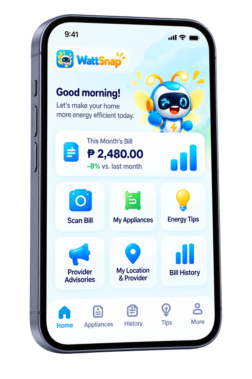 WattSnap Energy App smartphone preview showing bill scanning, appliance estimates, tips, and provider advisories